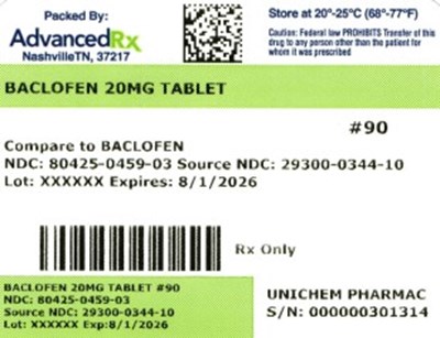 Baclofen 20mg Tablet #90 (Baclofen 20mg 80425 0459 03)